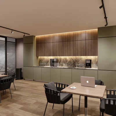 Stilvolle Teeküche mit Sitzbereich, Kaffeemaschinen und Holzboden im Büro ALEX ONE in Berlin.