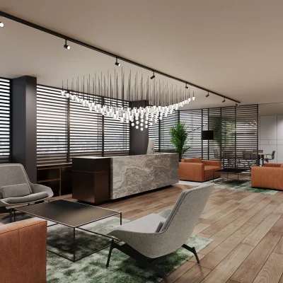 Zu sehen ist eine stilvolle Rezeption mit Designmöbeln, dekorativer Beleuchtung und Sitzlounge im Bürokomplex Alex One in Berlin.