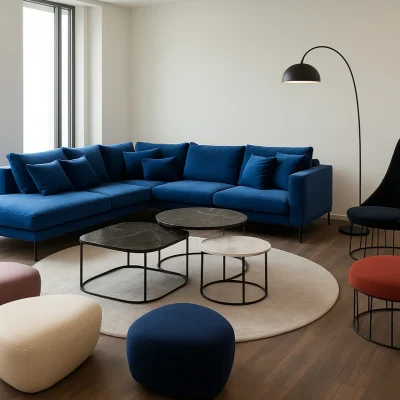 Das Bild zeigt eine stilvoll eingerichtete Lounge in einem Bürogebäude mit modernen Sitzmöbeln.