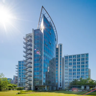 Das Bild zeigt die Außenansicht des SIGMA Hochhauses in Frankfurt mit moderner Glasfassade bei Sonnenschein.