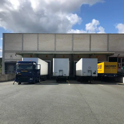 Ein Logistikzentrum mit mehreren angedockten LKWs an der Verladezone eines Industriegebäudes, beschriftet mit Dachser.