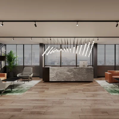 Stilvolle Lounge mit Empfang, Designmöbeln und Pflanzendekoration im Berliner Bürogebäude ALEX ONE.