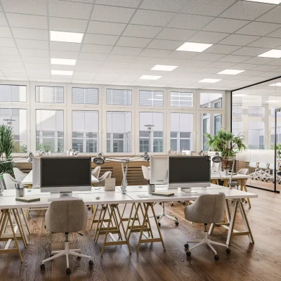 Die helle Officelandschaft zeigt moderne Arbeitsplätze mit großen Fenstern, Pflanzen und stilvoller Inneneinrichtung.