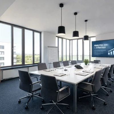 Visualisierung eines Besprechungsraums mit langem Konferenztisch, Pendelleuchten und Präsentationsbildschirm