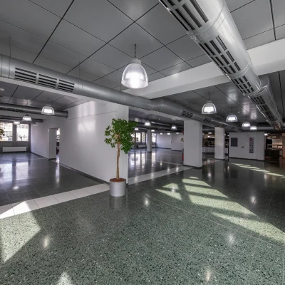 Das Foto zeigt eine große, lichtdurchflutete Gewerbefläche im Erdgeschoss eines Bürogebäudes in Bonn.