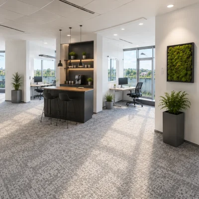 Offener Bürobereich mit Kaffeebar-Theke, Sitzhockern und moosbegrüntem Wandbild