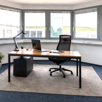 Eckbüro mit Erkerfenstern, Holzschreibtisch und Panoramablick über die Stadt