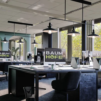 Das Bild zeigt einen modernen Co-Working-Bereich mit Schreibtischen und stilvoller Ausstattung.