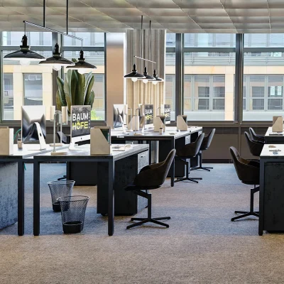 Das Bild zeigt einen lichtdurchfluteten Co-Working-Space mit modernen Arbeitsplätzen.