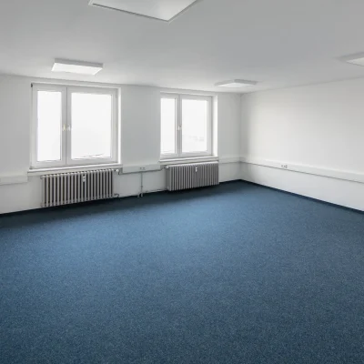Leeres Büro mit blauem Teppichboden, drei großen Fenstern und weiß gestrichenen Wänden.