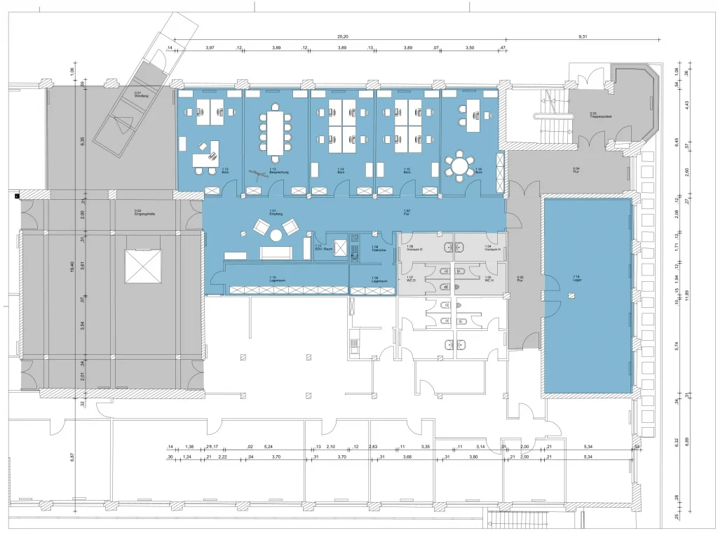 Der Grundriss zeigt das Erdgeschoss von Haus 3 am Pelikanplatz 25 in Hannover mit 269 m² Bürofläche, mehreren Büroräumen, einem Konferenzraum, einer Lounge und sanitären Einrichtungen.