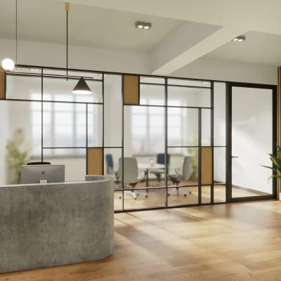 Empfangsbereich eines modernen Berliner Bürogebäudes mit Glaswänden, Holzdetails und stilvoller Möblierung.