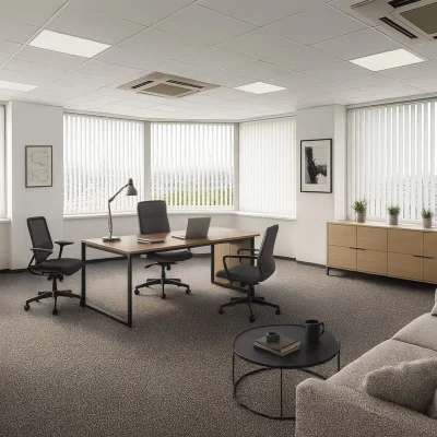 Ein modern eingerichtetes Büro mit Schreibtisch, Besucherstühlen, Couch und dekorativen Elementen vor einer Fensterfront.