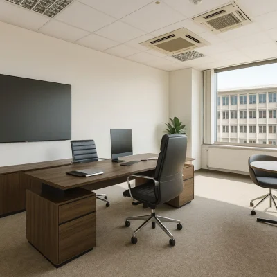 Ein Chefbüro mit großem Schreibtisch, Konferenztisch und Blick auf ein gegenüberliegendes Bürogebäude.