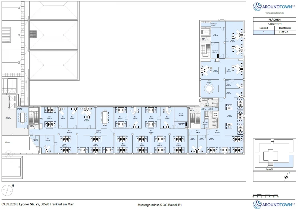 Grundriss einer Büroetage im Bauteil B1 in der Lyoner Straße 25 in Frankfurt mit Einzel- und Großraumbüros.