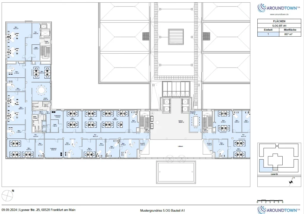Grundriss einer Büroetage im Bauteil A1 in der Lyoner Straße 25 in Frankfurt mit Einzel- und Großraumbüros.