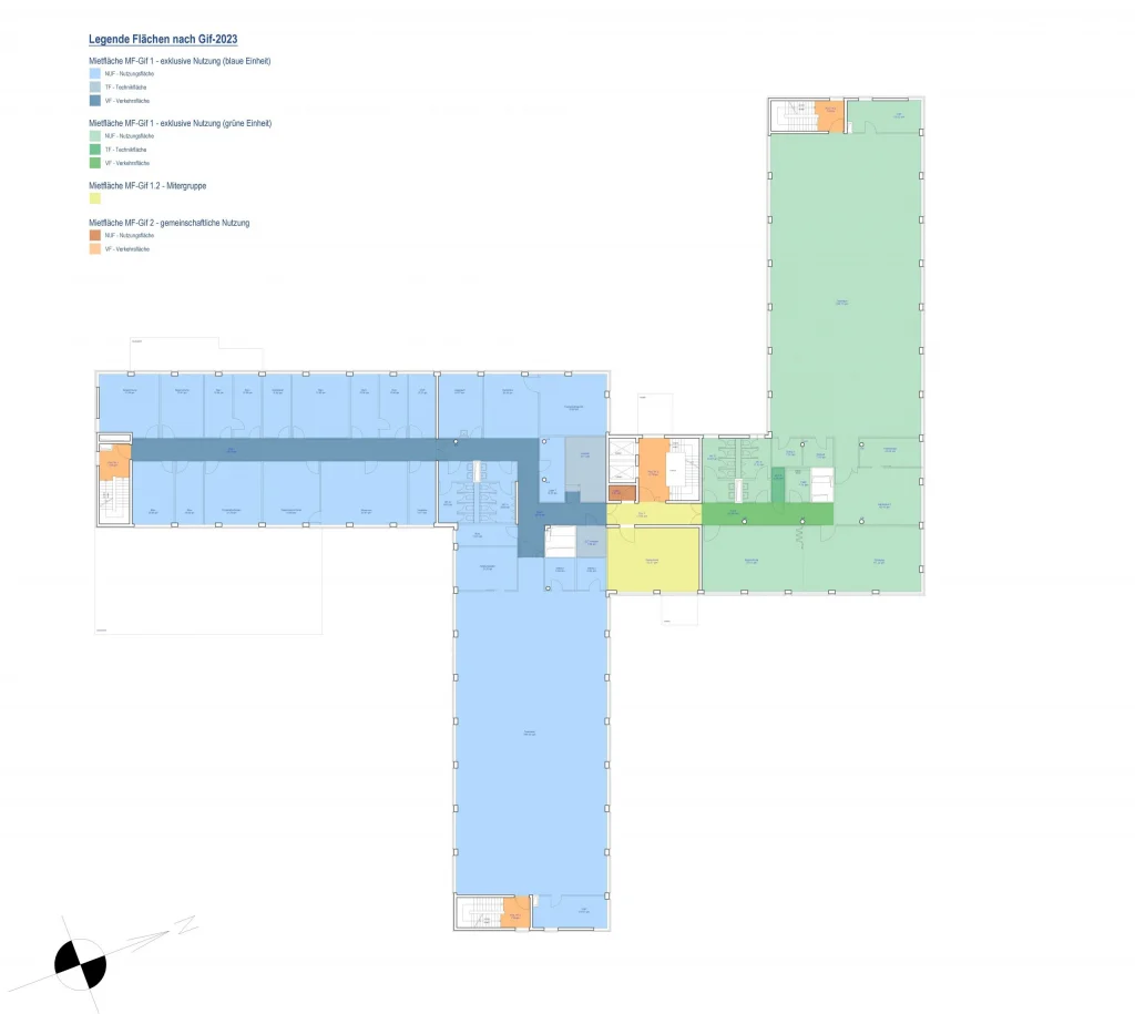 Auf dem Plan ist das 1. Obergeschoss des Tetromino-Bürogebäudes in Berlin mit verschiedenen Nutzungseinheiten und farblich gekennzeichneten Flächen zur gemeinschaftlichen und exklusiven Nutzung dargestellt.