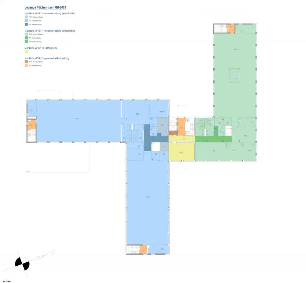 Der Plan zeigt das 2. Obergeschoss des Bürokomplexes Tetromino in Berlin mit einer detaillierten Aufteilung nach Nutzungseinheiten und Mietflächen gemäß GIF-2023.