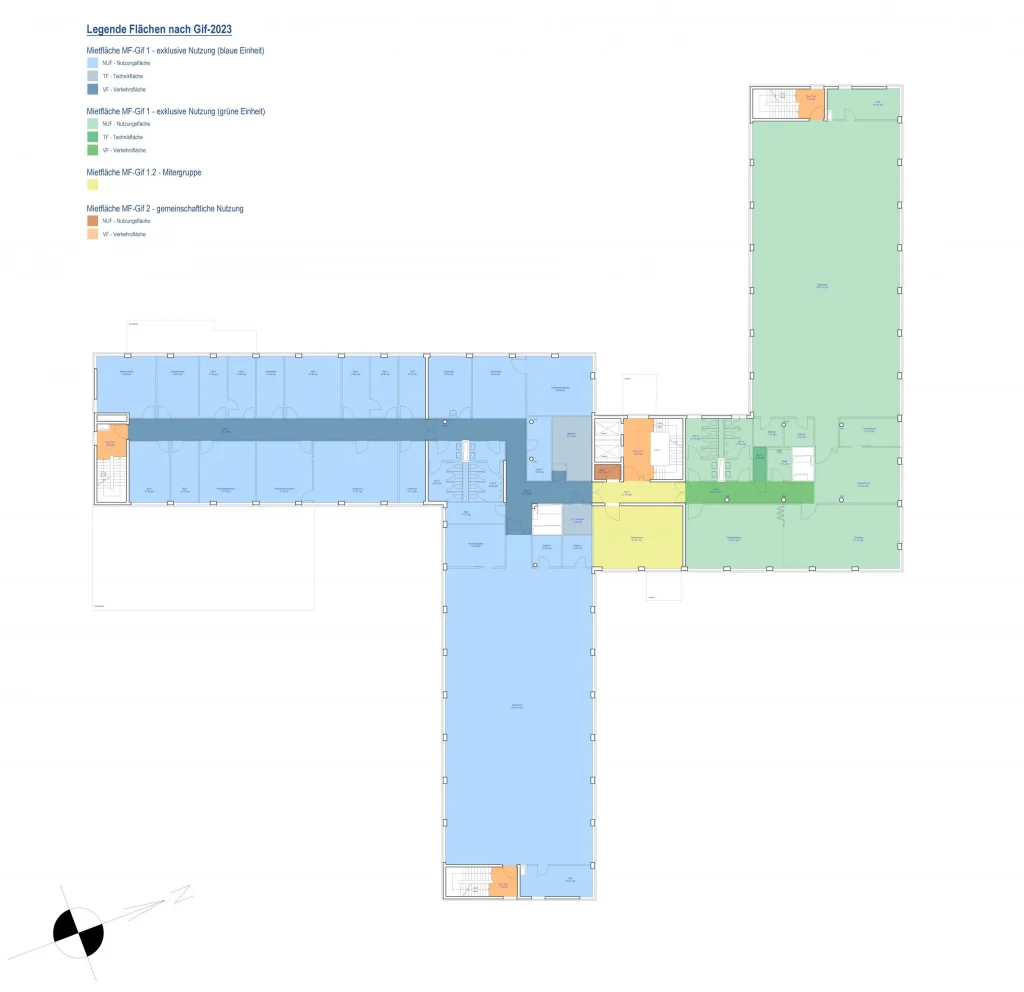Das Bild stellt den Grundriss des 3. Obergeschosses des Bürogebäudes Tetromino in Berlin dar, mit einer klaren farblichen Kennzeichnung exklusiv und gemeinschaftlich genutzter Mietflächen.