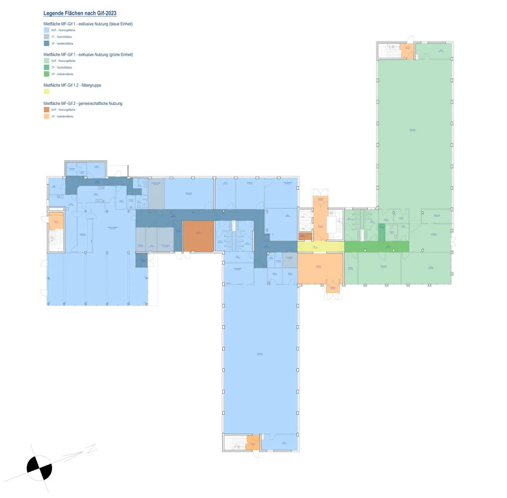 Der Grundriss zeigt die Aufteilung der Mietflächen im Erdgeschoss des Bürogebäudes Tetromino in Berlin gemäß GIF-2023 mit farblicher Unterscheidung zwischen exklusiver und gemeinschaftlicher Nutzung.