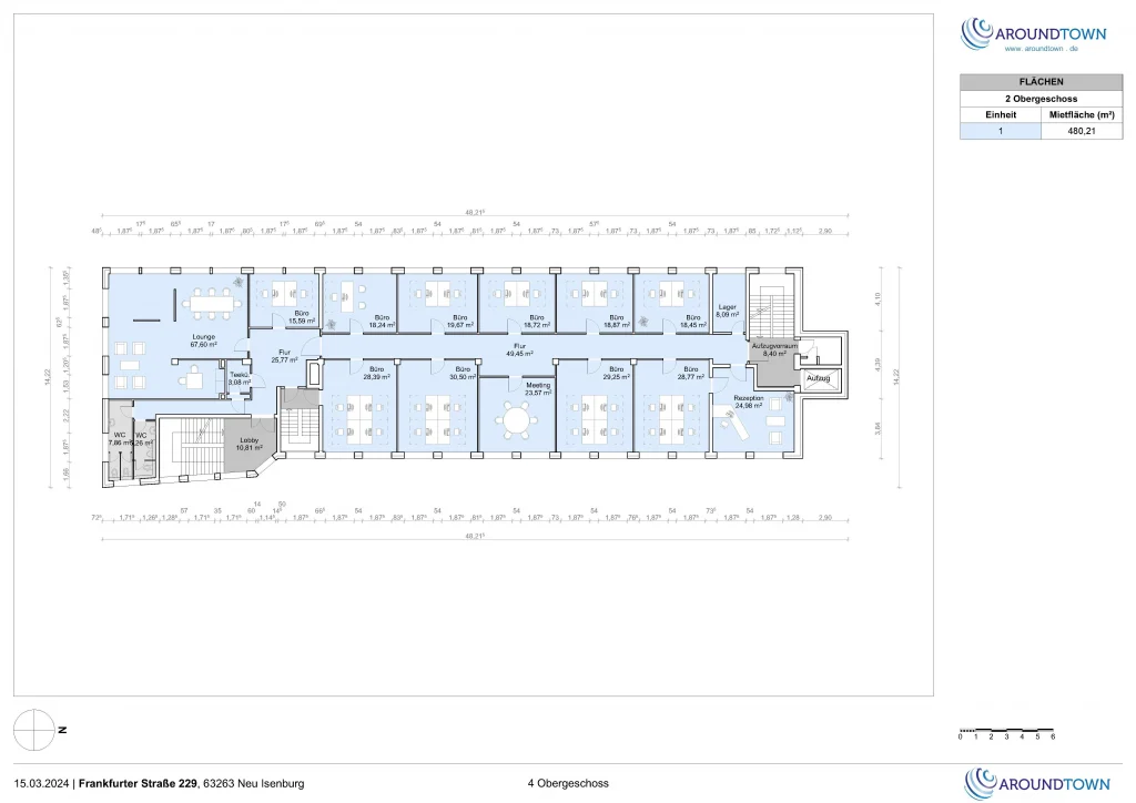 Grundriss des 2. Obergeschosses an der Frankfurter Straße 229 in Neu-Isenburg mit mehreren Büroräumen, Lounge und Meetingraum.
