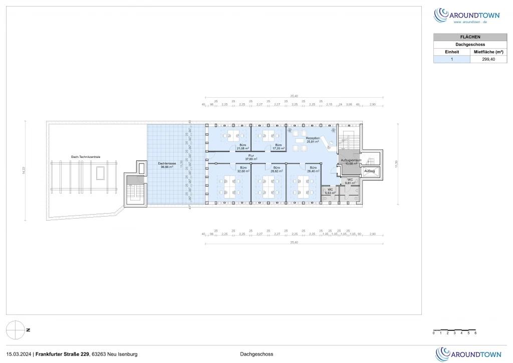Grundriss des Dachgeschosses an der Frankfurter Straße 229 in Neu-Isenburg mit Büros, Rezeption und großer Dachterrasse.