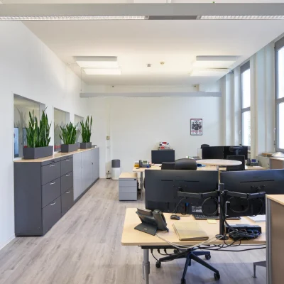 Helles Großraumbüro im Frankencampus Nürnberg mit modernen Arbeitsplätzen, großen Fenstern und Begrünung.