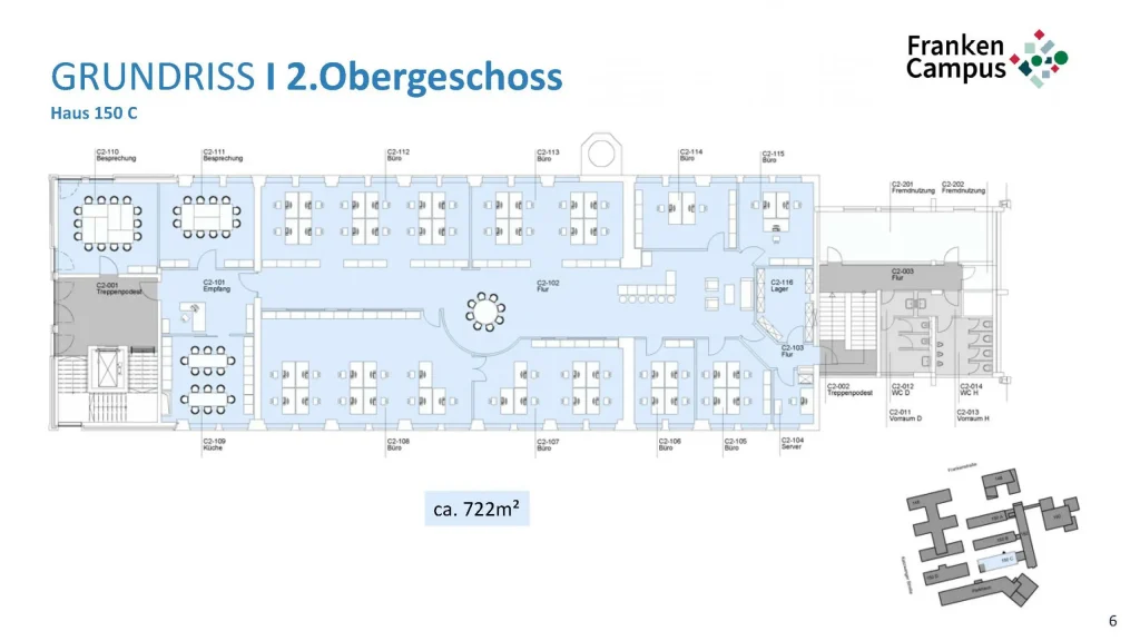 Grundriss des 2. Obergeschosses im Haus 150C des Frankencampus Nürnberg mit modernen Büroflächen auf rund 722 Quadratmetern.