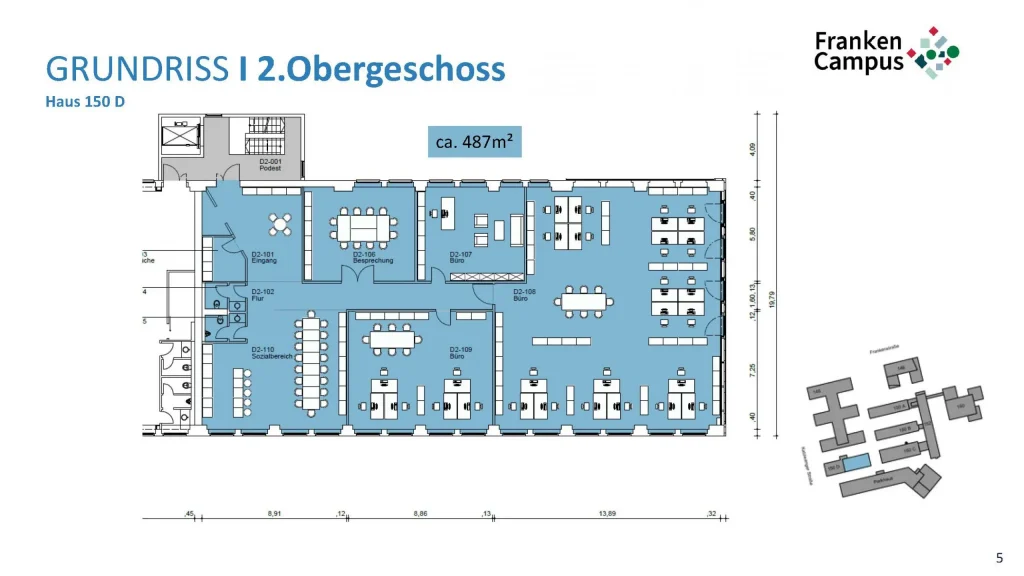 Grundriss des 2. Obergeschosses im Haus 150D des Frankencampus Nürnberg mit offenen Arbeitsbereichen auf etwa 487 Quadratmetern.
