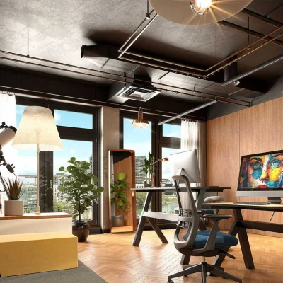 Doppelbüro im Red Corners Berlin mit Schreibtischen, Pflanzen und großem Fenster für natürliches Licht.