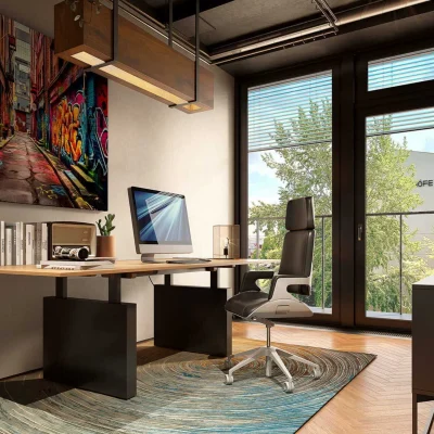 Modern gestaltetes Einzelbüro im Red Corners Berlin mit Designmöbeln, Schreibtisch und Blick ins Grüne.