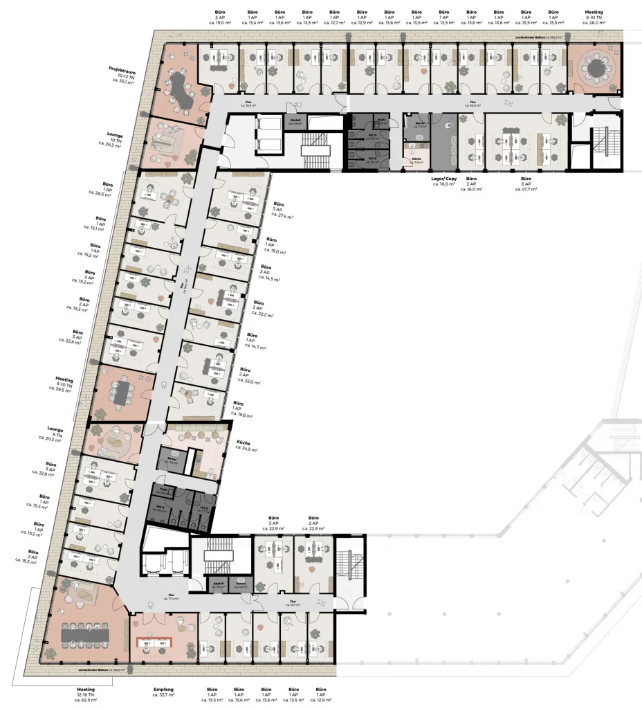 Grundriss eines Doppelbüros im Red Corners Berlin mit effizienten Arbeitsplätzen und hellen Räumen.