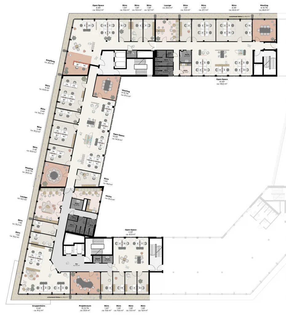 Grundriss eines Einzelbüros im Red Corners Berlin mit durchdachter Raumaufteilung und modernen Arbeitsplätzen.