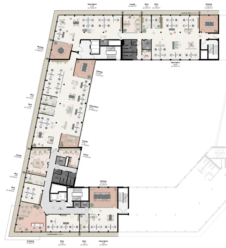 Grundriss einer großzügigen Open-Space-Bürofläche im Red Corners Berlin mit modernen Arbeitsbereichen und Meetingzonen.