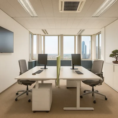Visualisierung moderner Büroarbeitsplätze im Gildehof in Essen mit zwei Schreibtischen, ergonomischen Stühlen, Raumteiler und großzügigem Tageslichteinfall durch bodentiefe Fenster.