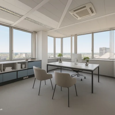 Visualisierung eines funktionalen Besprechungsraums im Gildehof in Essen mit Konferenztisch, mehreren Stühlen, Bildschirm und großen Fensterflächen mit Stadtblick.