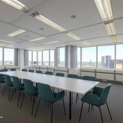 Visualisierung eines repräsentativen Konferenzraums im Gildehof in Essen mit langem Tisch, zahlreichen Sitzplätzen, moderner Beleuchtung und umlaufendem Panoramablick.