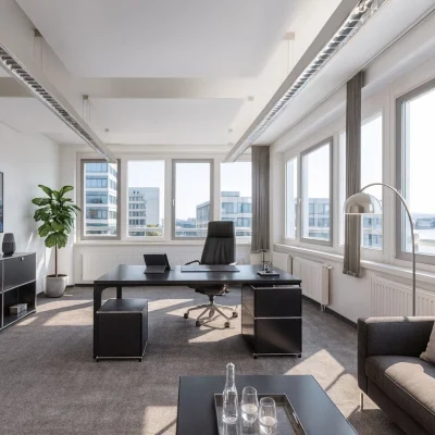 Visualisierung eines modernen, flexibel gestaltbaren Open-Space-Büros im Bürogebäude Horizont III in Stuttgart mit großzügigem Tageslichteinfall.