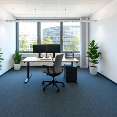 Visualisierung eines hochwertigen Einzelbüros im Horizont III Stuttgart mit ruhiger Arbeitsatmosphäre und effizientem Grundriss.