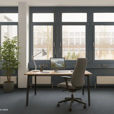 KI-generierte Visualisierung eines modernen Einzelbüros in der Konrad-Adenauer-Straße in Köln mit Schreibtisch, ergonomischem Bürostuhl, Stauraum und großem Fenster für Tageslichteinfall.