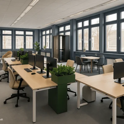KI-generierte Visualisierung eines offenen Großraumbüros in der Konrad-Adenauer-Straße in Köln mit mehreren Arbeitsplätzen, Pflanzen, Kommunikationszonen und großzügigen Fensterflächen.