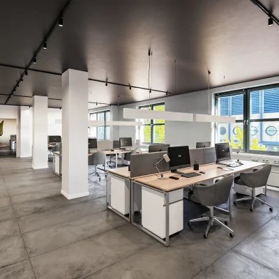 KI-generierte Visualisierung eines modernen Open-Space-Büros in der Stresemannstraße 121 in Berlin mit großzügigen Arbeitsplätzen, Säulenstruktur und viel Tageslicht.
