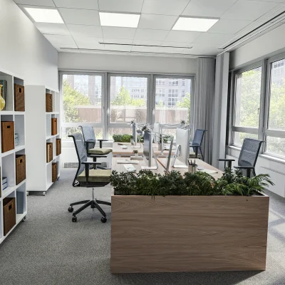Offene Bürofläche im Volta Eins Frankfurt mit mehreren Arbeitsplätzen, ergonomischer Möblierung, viel Tageslicht und moderner Ausstattung.