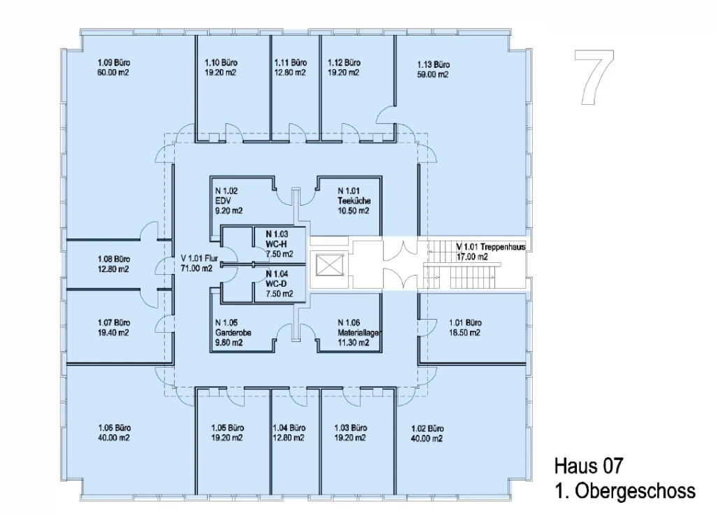 Grundriss des 1. Obergeschosses im Haus 07 des Businessparks Welfenplatz Hannover mit funktionaler Bürostruktur und Gemeinschaftsbereichen.
