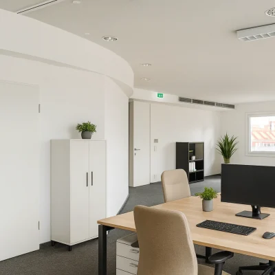 Visualisierung einer modernen Open-Space-Bürofläche im Businesspark Welfenplatz Hannover mit Schreibtischen und Begrünung.