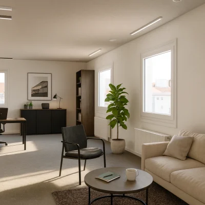 Visualisierung eines modernen Einzelbüros im Businesspark Welfenplatz Hannover mit Sofa, Schreibtisch und Pflanzen.