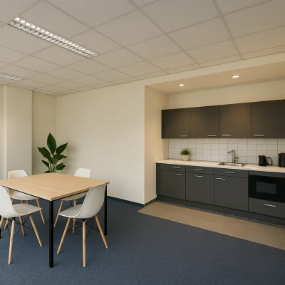 Zeitgemäße Teeküche im Büroobjekt Alter Hellweg 56–60 in Dortmund mit moderner Küchenzeile, Sitzbereich und Platz für Pausen und informellen Austausch.