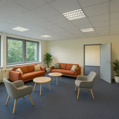 Modern gestalteter Lounge- und Aufenthaltsbereich im Bürogebäude Alter Hellweg 56–60 in Dortmund mit Sitzgruppen, Sesseln, Beistelltischen und viel Tageslicht für informelle Meetings und Pausen.
