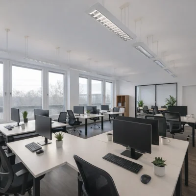 Visualisierte Bürofläche mit moderner Ausstattung, klaren Linien und flexibler Arbeitsplatzgestaltung in der Deutz-Mülheimer Straße in Köln.