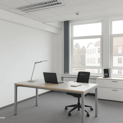 Modern gestaltetes Büro mit Schreibtisch, ergonomischem Stuhl und klarer Linienführung in den Erlenhöfen Berlin, visualisierte Arbeitsfläche mit viel Tageslicht.